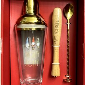 Rae Dunn Holiday Gnomes Glass Cocktail Shaker Muddler Spoon Set Holly Jolly NIB